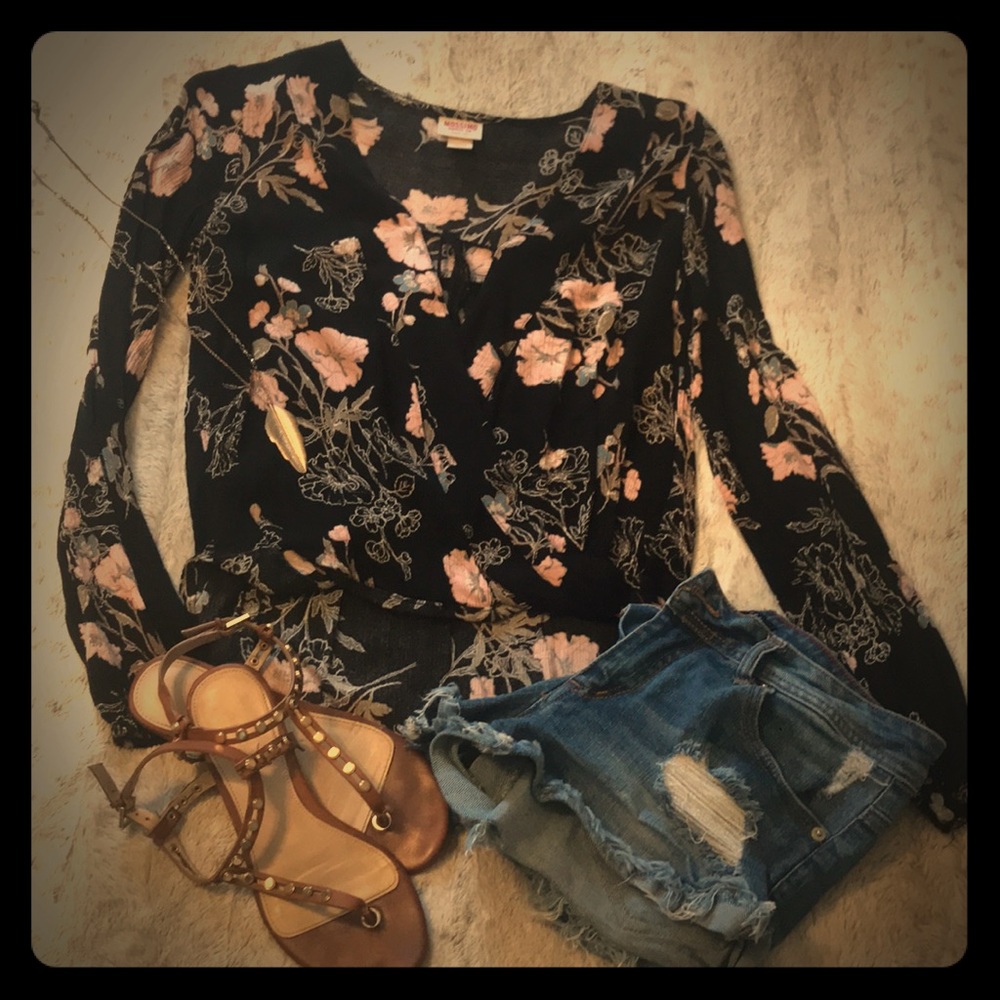 Black floral wrap top